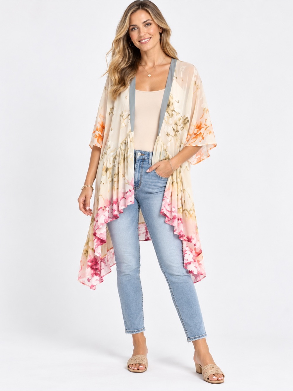 Vince Camuto Ethereal Floral Ruffle Trim Kimono